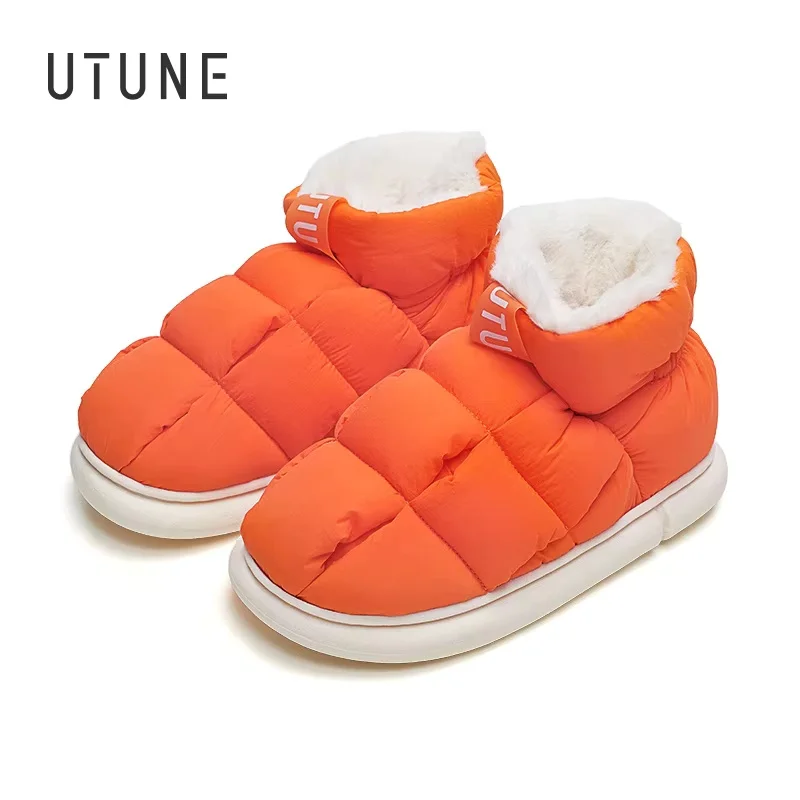 UTUNE نعال تدفئة الرجال الشتاء الكاحل الثلوج الأحذية الدافئة عالية أعلى النساء الأحذية للمنزل عدم الانزلاق أفخم الانزلاق على زوجين خارج الأحذية