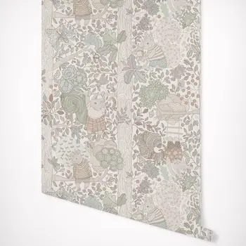 Adesivo de parede descascado e colado, papel de parede fofo para berçário infantil Charlie, papel de parede mágico dos desenhos animados da floresta na floresta em creme