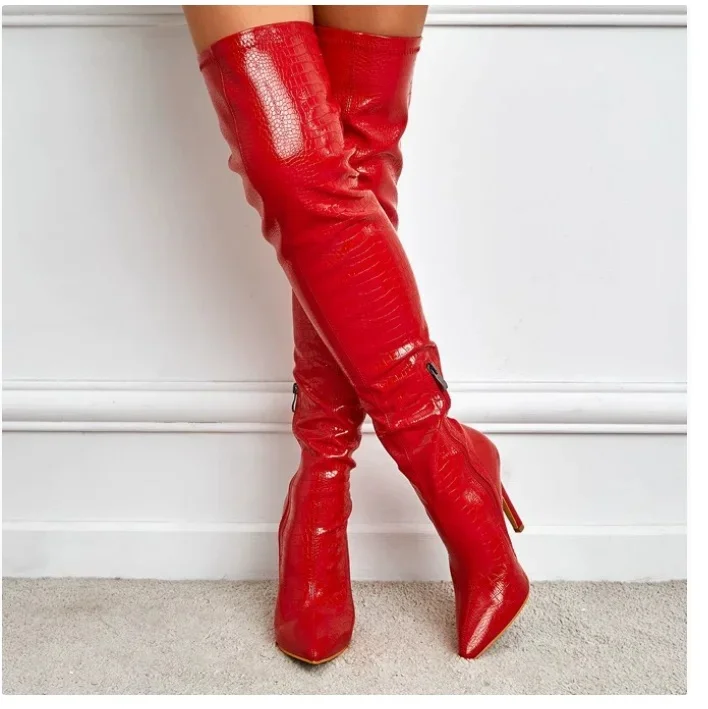 Classique Sexy talons aiguilles femmes bottes au dessus du genou bout pointu Strippers dames chaussures pôle danse noir rouge bottes longues