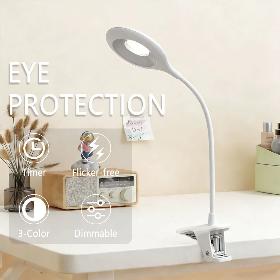 Clip On LED Desk Lamp, 14 LED Beads Touch Control Reading Light, Rechargeable USB Charging Eye Care Lamp for Bedside Study Makeu