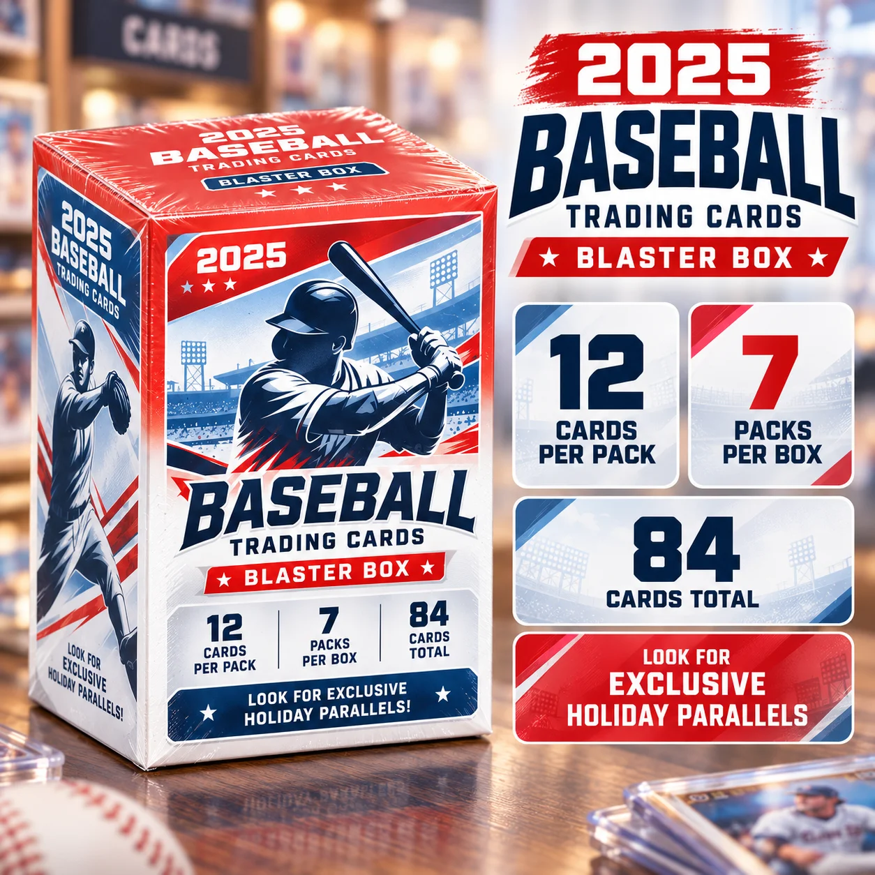 2025 Baseball Trading Card Blaster Box, Factory Sealed Baseball Card Box with 84 Cards, 7 Packs with 12 Cards Per Pack, Includes Holiday Style Parallel Cards, Collectible Sports Cards for Baseball Fans and Collectors