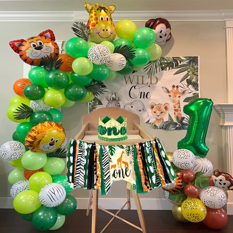 Safari Jungle Theme 1st Birthday Decorations Wild One Highchair Banner Baby Boy Girl First Birthday Crown Kids Birthday supplies