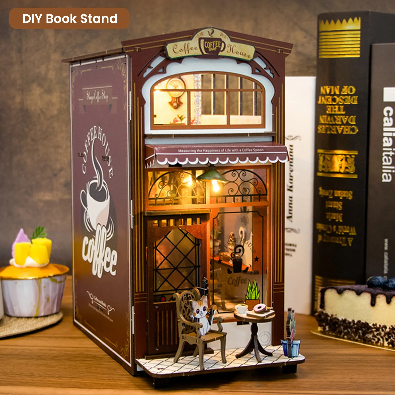 DIY Handmade Puzzles Wooden House Toy Miniature Doll Cafe Cat Building Model Bookend Kit Snap Assembling Book Stand Gift