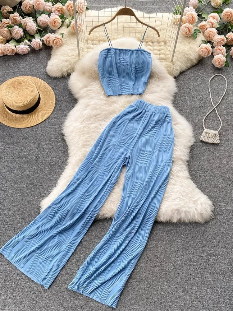 Women Summer Pants Set New Fashion Spaghetti Strap Short Tops & High Waist Long Pants Two Piece Suits