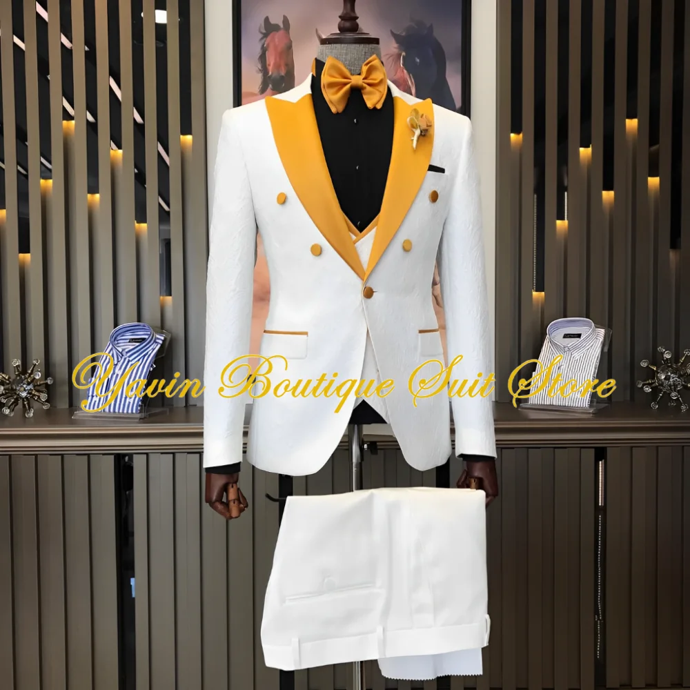 

White Jacquard Men Suits for Wedding 3 Pieces Slim-fit Groom Wear Prom Peaked Lapel Tuxedos Custom Made Blazer Vest With Pants