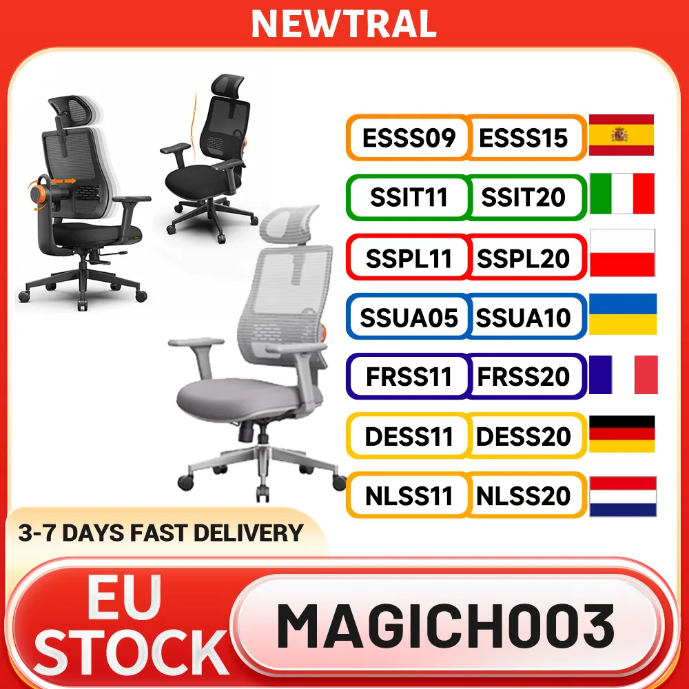 NEWTRAL MAGICH003 Chaise ergonomique, dossier à suivi automatique, appuie-tête réglable, profondeur de siège réglable, soutien lombaire adaptatif, 3D