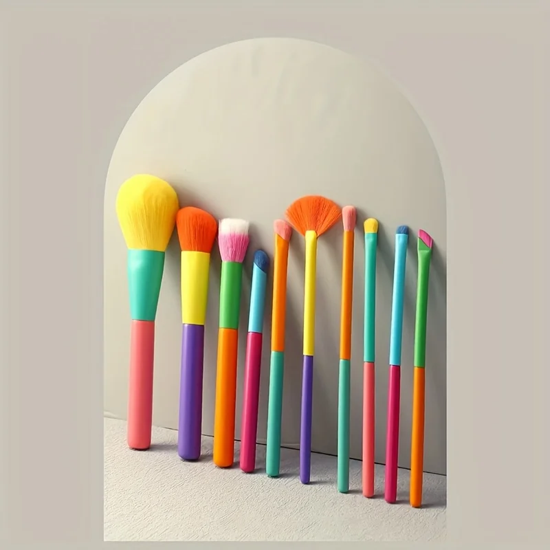 10 ultra-soft rainbow makeup brushes, including brushes for foundation, eyeshadow, blush, and eyebrows/lips
