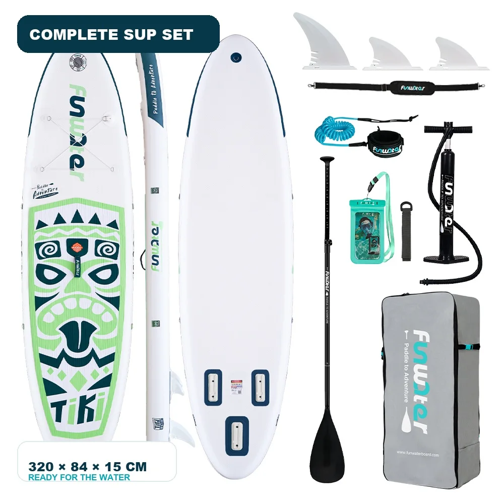 Opblaasbaar SUP-board Stand Up Paddle Board 320x84x15cm, 150kg draagvermogen, antislip EVA-dek, 3 vinnen, verstelbare peddel en complete accessoires
