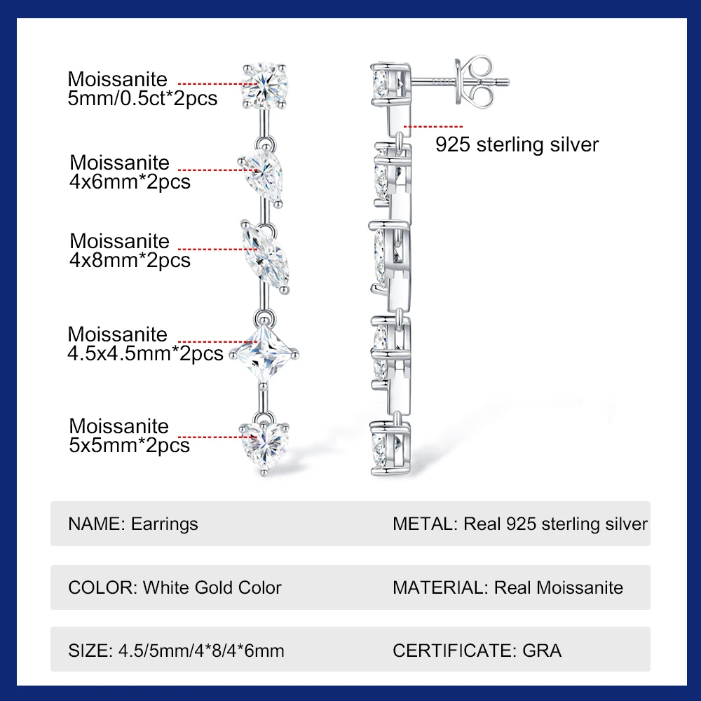All Moissanite Drop Earrings for Women Pear /Marquise/Heart Cut Diamond 925 Silver Long Tassel Dangle Earring Party Jewelry GRA