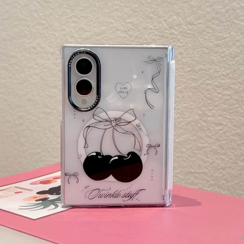Korean Ins Black Bow Cute Cherry Magnetic Phone Case for Samsung Galaxy Z Fold 8 Z Fold 8 Ultra Fold 7 Cover with Magsafe Holder