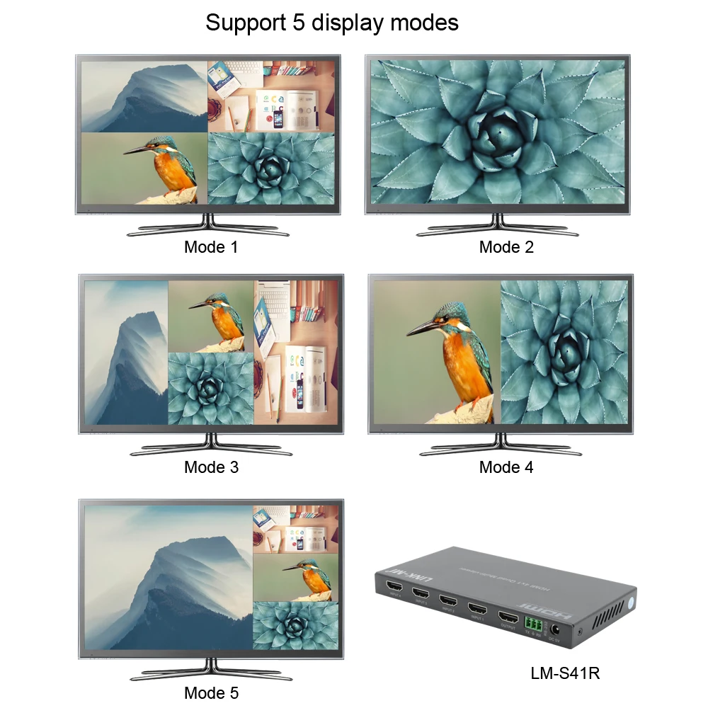 LINK-MI 4X1 Quad Multi-viewer Support 5 Display Modes with Button, Remote and RS232 Control, Audio Output, 1080P60Hz 4x1 Switch