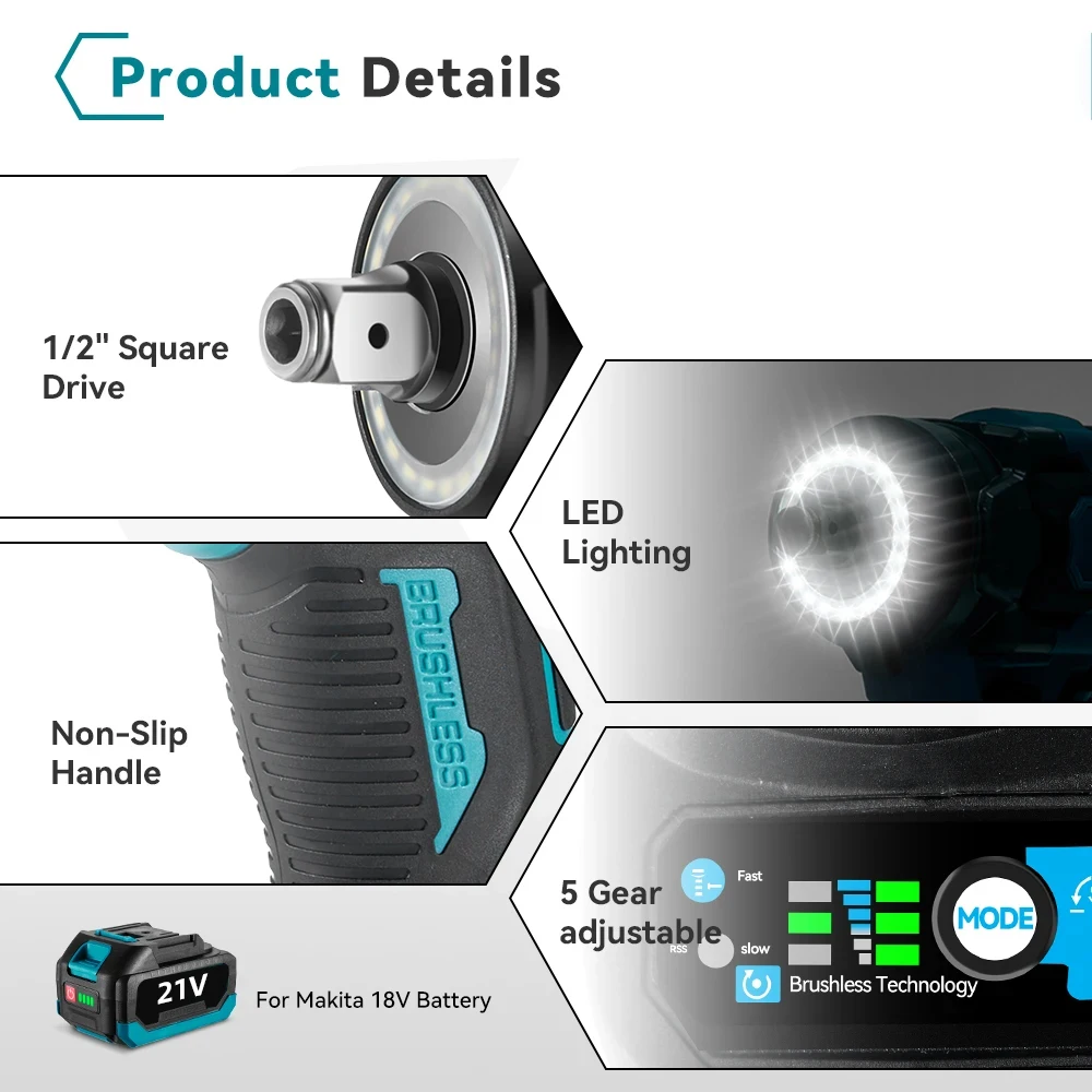 1200N.M مفتاح ربط كهربائي بدون فرشاة 5 تروس 1/2 بوصة مفك براغي لاسلكي أداة إصلاح السيارة لبطارية ماكيتا 18 فولت