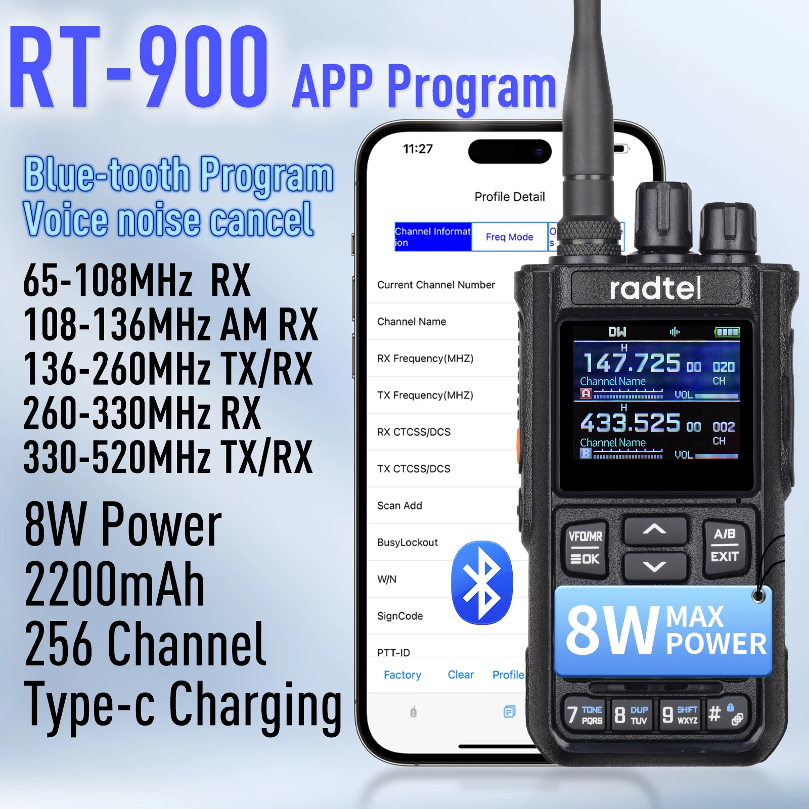 Radtel RT-900 10W Full band Ham Radio Walkie Talkie 256CH Air Band Two Way Radio Station Aviation NOAA Police Marine River PTT