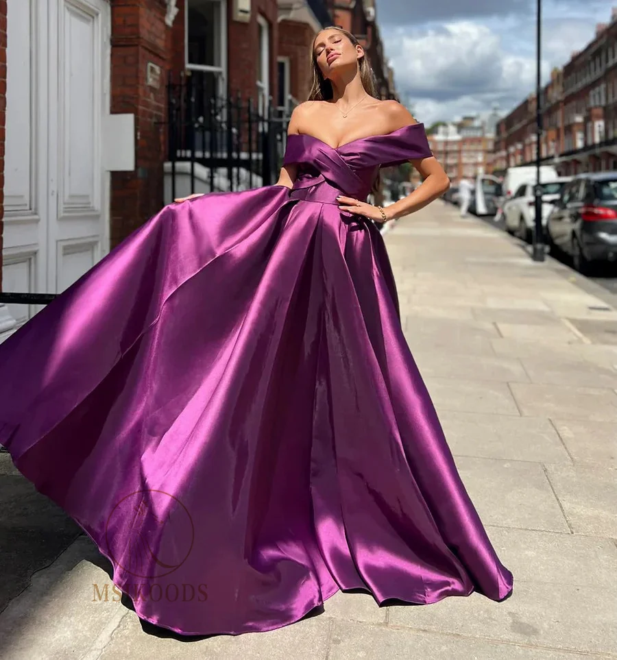 Msikoods Red Prom Dress Off Shoulder Satin Pleats Graduation Dress Evening Dress Women Elegant Princess Customizd Party Gown