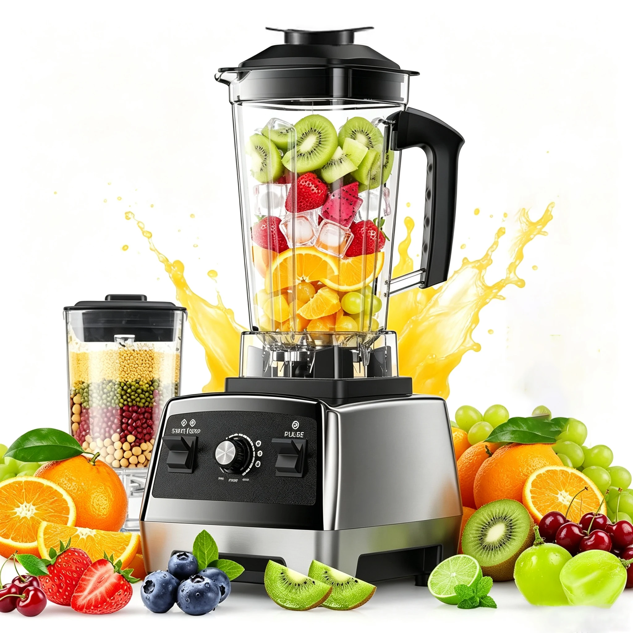 2-in-1-Hochgeschwindigkeitsmixer mit 6000 W Leistung, 2,5-Liter-Fassungsvermögen, 15 Geschwindigkeitsstufen, Eiszerkleinerer und Entsafter, vielseitiger Küchenroboter.