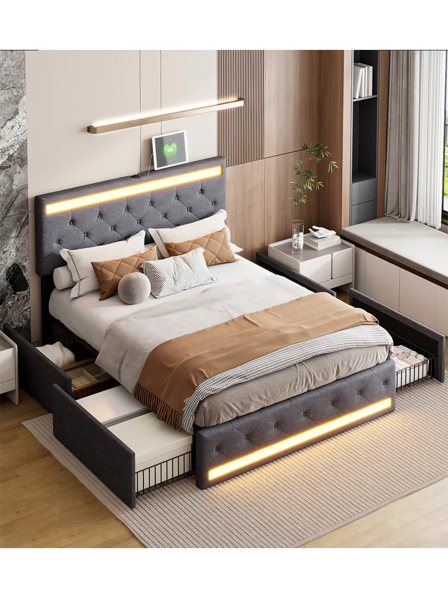 Comanlai 140 x 200 cm gestoffeerd bed, tweepersoonsbed met 4 ijzeren laden, met LED- en USB-oplaadfunctie, linnen stof, donkergrijs - afbeelding 2