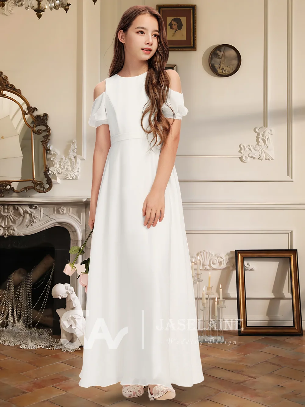 Elegant A-Line Scoop Floor-Length Chiffon Junior Bridesmaid Dress With Bow Flower Girl Dress Girls Wedding Party Formal Special