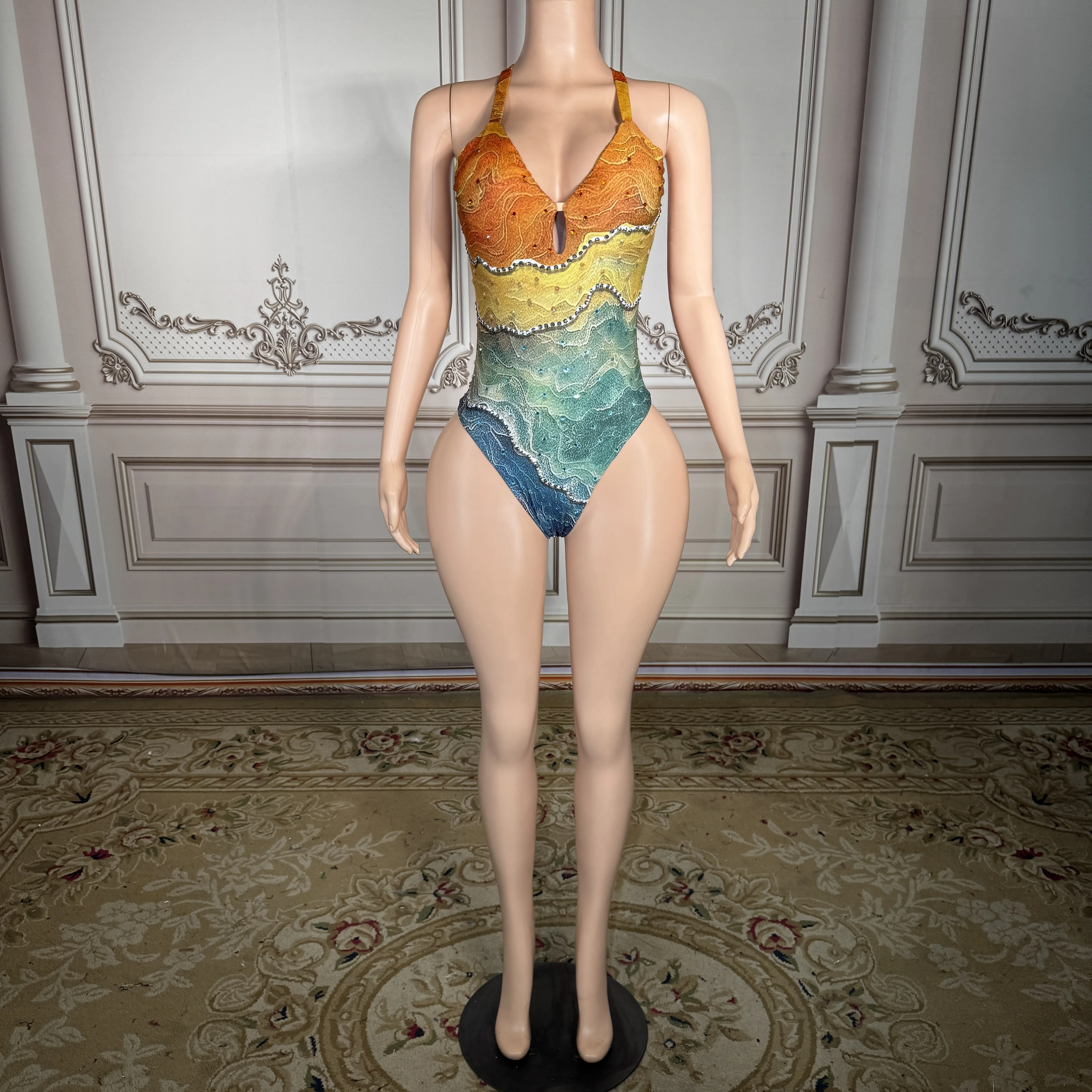 

ZD New Summer Blue Yellow Diamond Bodysuit Women Sexy Halter Neck Cutout Swimsuit Luxury Rhinestones Vacation Suit