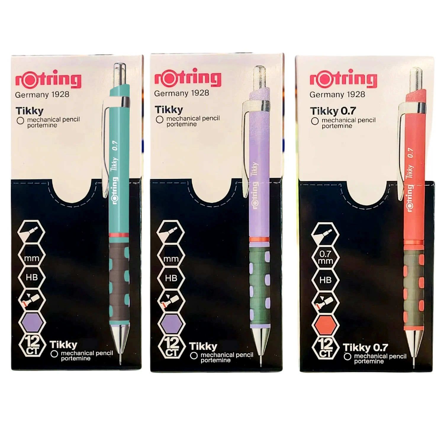 Rotring Tikky Mechanical Pencil Set, HB 0.7 mm, a pack including 12 Peaces (3 Optional Colors)