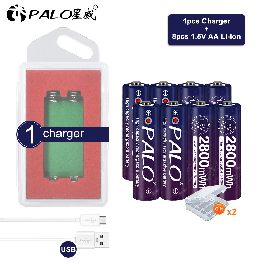 

PALO 1.5V AA Li-ion Rechargeable Battery 2800mWh 1.5V Lithium AA Battery + 2 slots USB Charger for Toy MP3 Player Thermometer