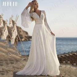 JEHETH Beach Boho abiti da sposa pizzo maniche lunghe svasate Vestidos De Boda 2023 abiti da sposa con scollo A v sul retro aperto Chiffon una linea Playa Boho Vestidos De Novia De Encaje Mangas Largas De Bengala Vesti