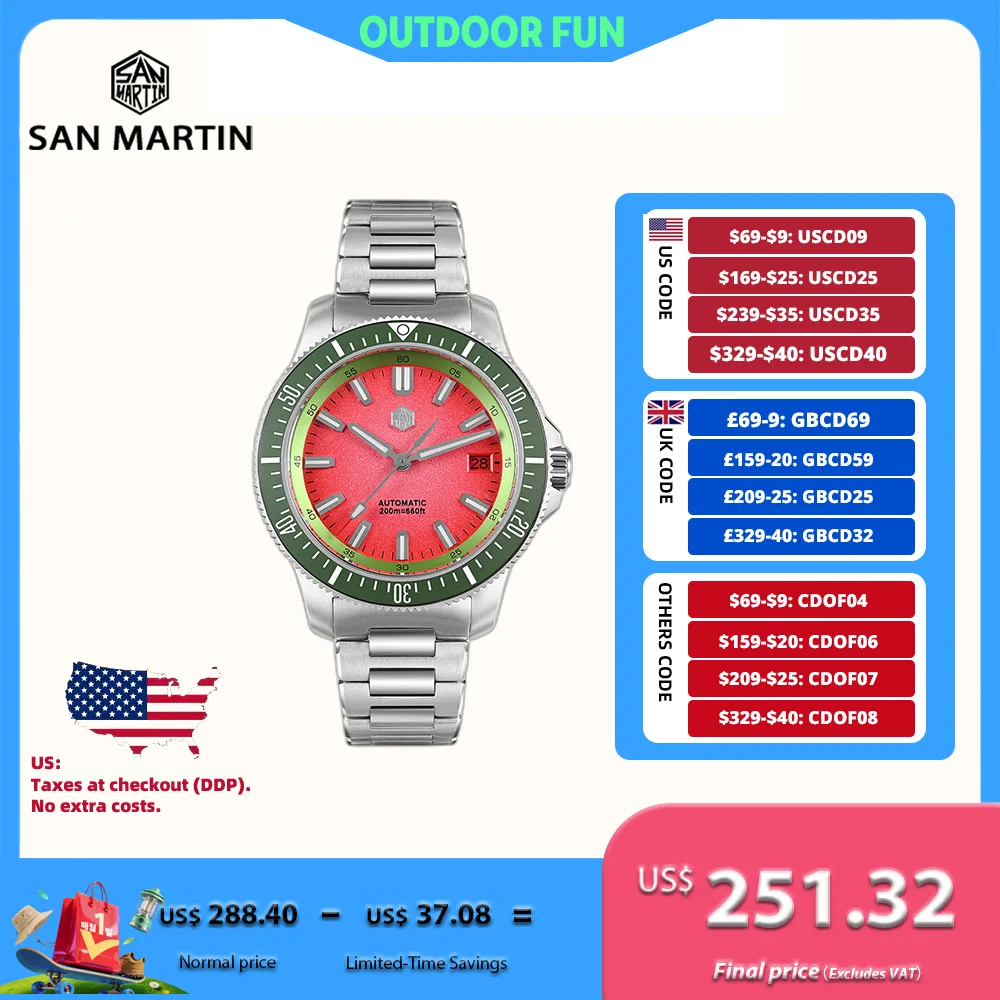 

San Martin Original Design 40mm New Fruit Series Men Diver Watch NH35 Mechanical On The Fly Adjust Clasp 20Bar Luminous SN0118B