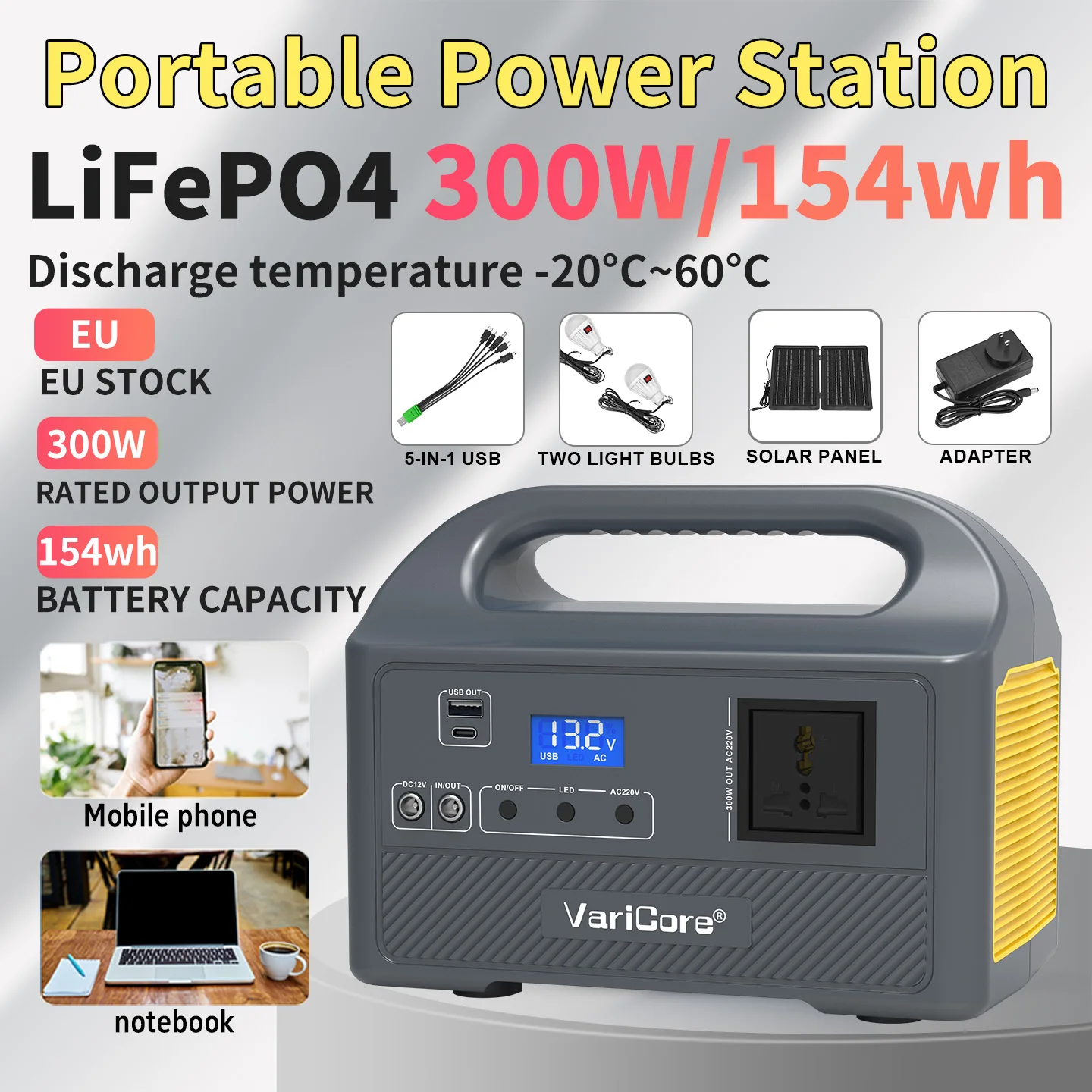 Estación de Energía Portátil de 300W, Generador Solar LiFePO4, Onda Sinusoidal Modificada, AC/DC Compacto y Portátil, para Camping y Autocaravanas