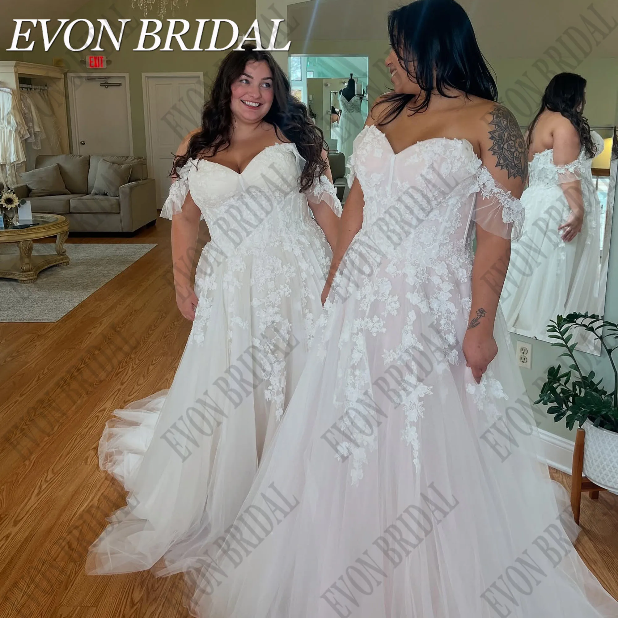 EVON BRIDAL 맞춤형 연인 웨딩 원피스 플러스 사이즈, 오프숄더 아플리케 신부 가운, 맞춤형 레이스 웨딩 가운EVON BRIDAL 맞춤형 달콤한 웨딩드레스 사이즈 여성용 오프숄더 패치 신부복 레이스 웨딩드레스 맞춤형