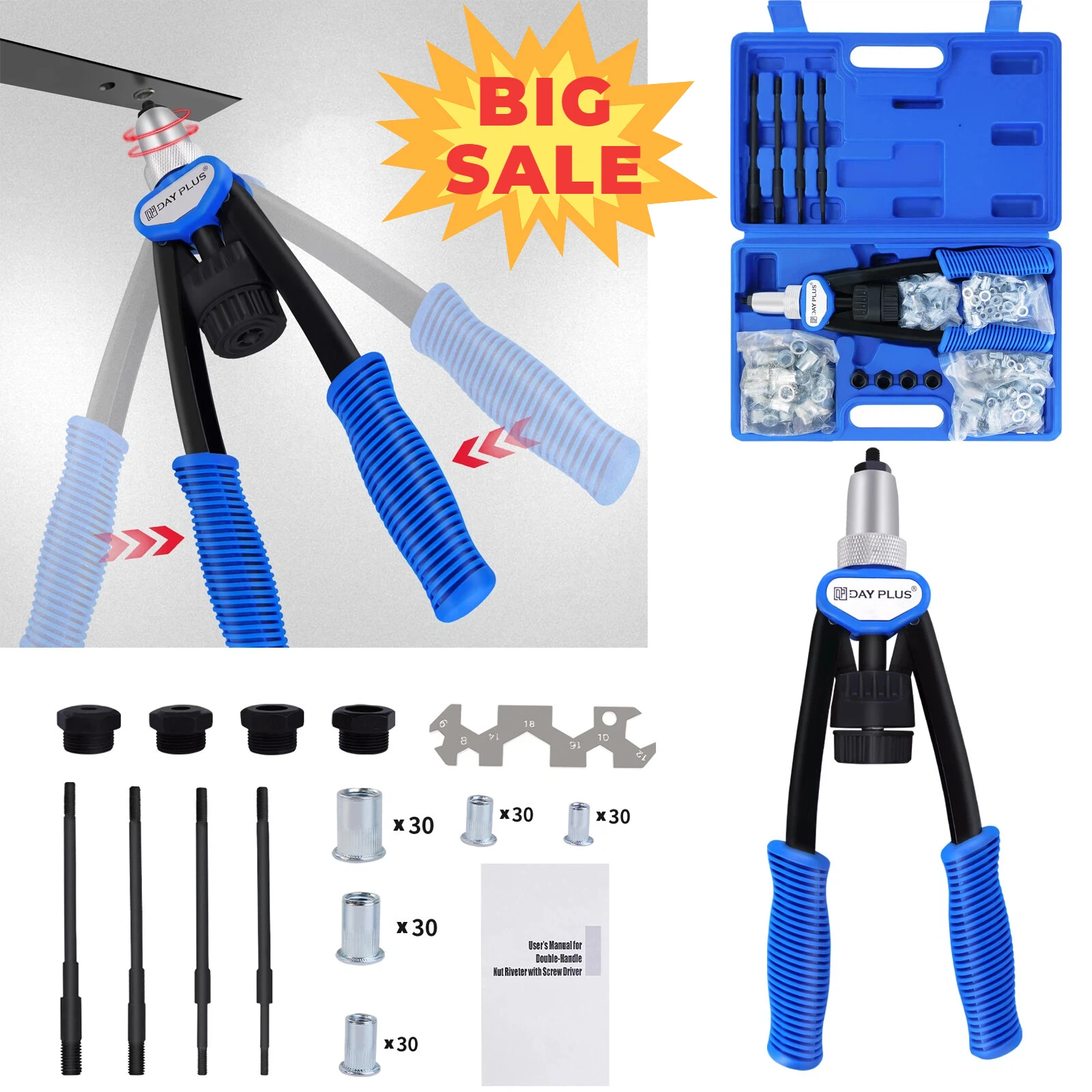 Kit de pinces à rivets robustes, riveteuse manuelle avec 150 rivets filetés M5 à M12 – Pistolet à rivets portable pour métal et plastique