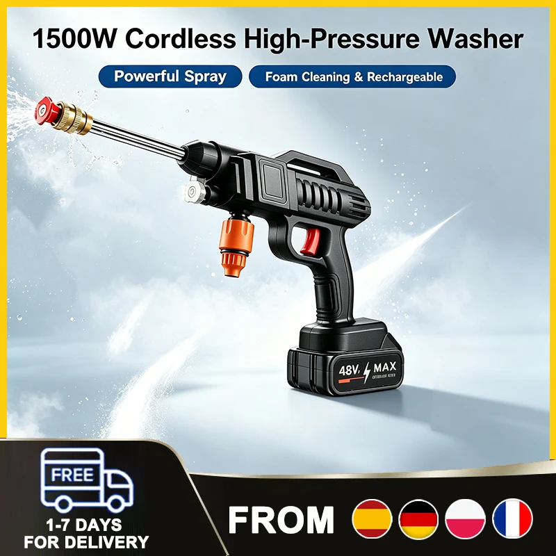 1500W Kabelloser Hochdruckreiniger Sprühpistole Tragbare Autowaschmaschine mit Selbstansaugendem Design und Schaumflasche für Autowäsche und Gartenreinigung