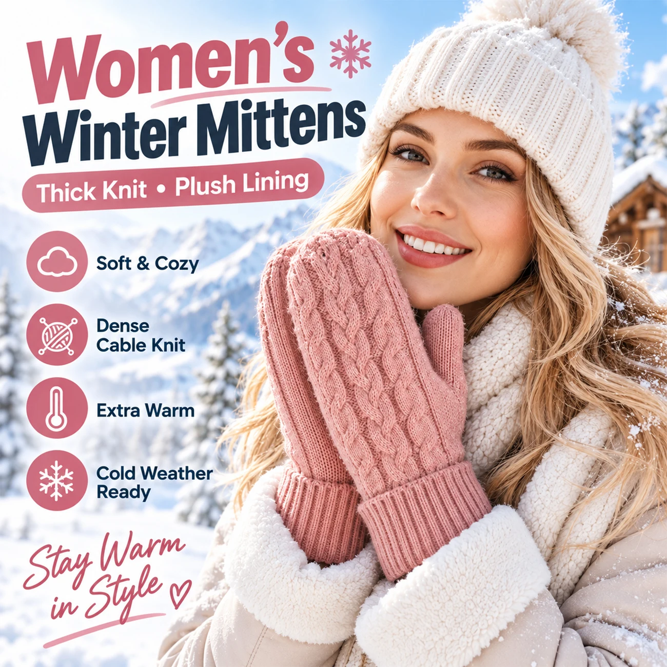 Women's Fleece-Lined Knitting Gloves Thickened Thermal Ski Mittens Double Layer Warm Touchscreen Gloves