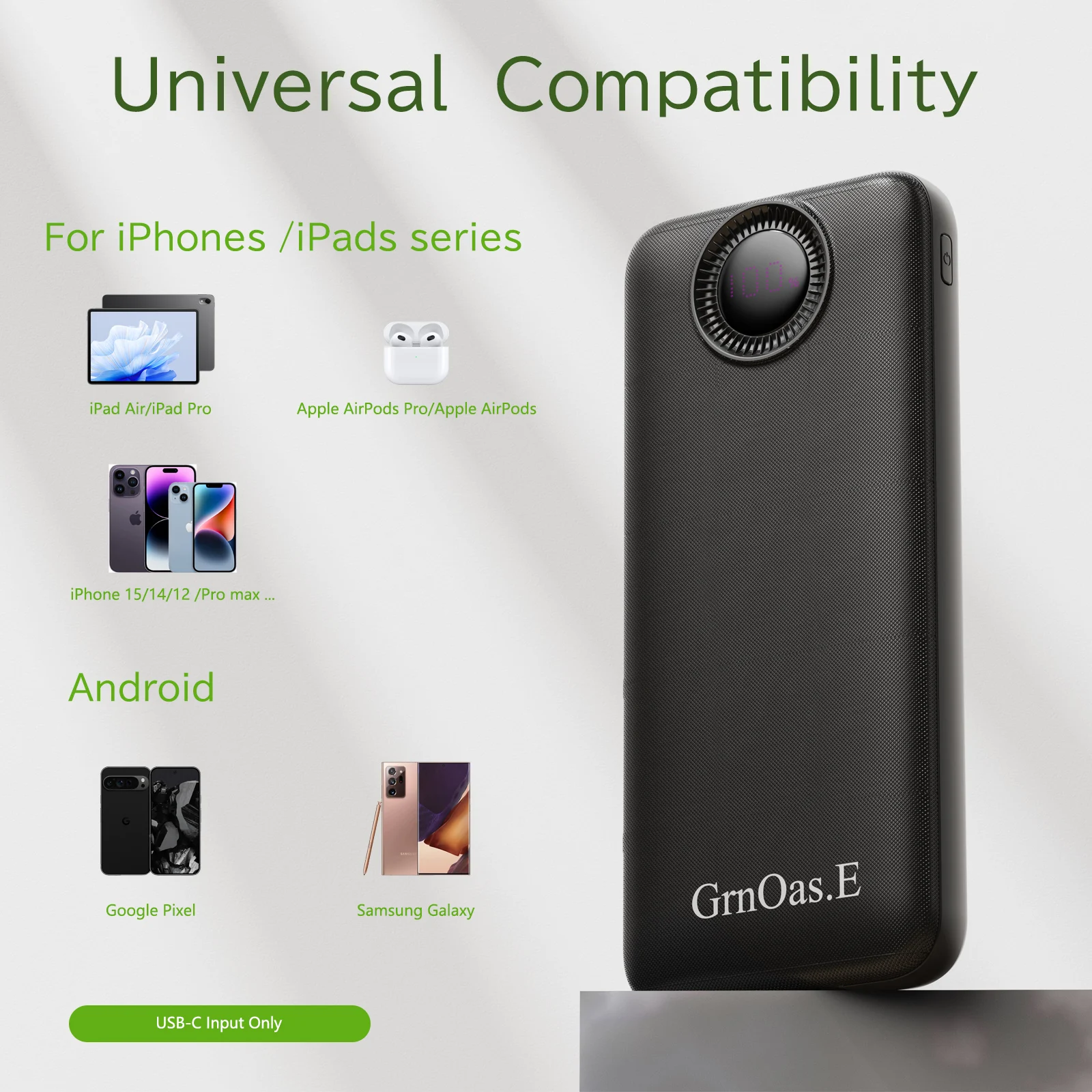 Cargador portátil de 10000 mAh, cargador de viaje con USB-C 2.4A, carga rápida para iPhone 16, Samsung, Android, negro brillante