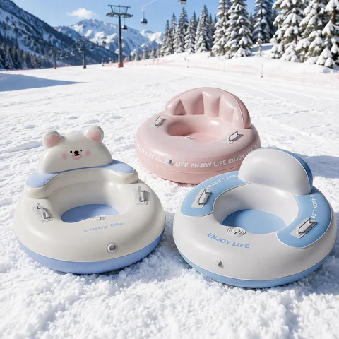 Automatic Inflatable Snow Tube 34.3in Winter Snow Sled with Backrest Handles Portable Skiing Tube for Outdoor Snow Play
