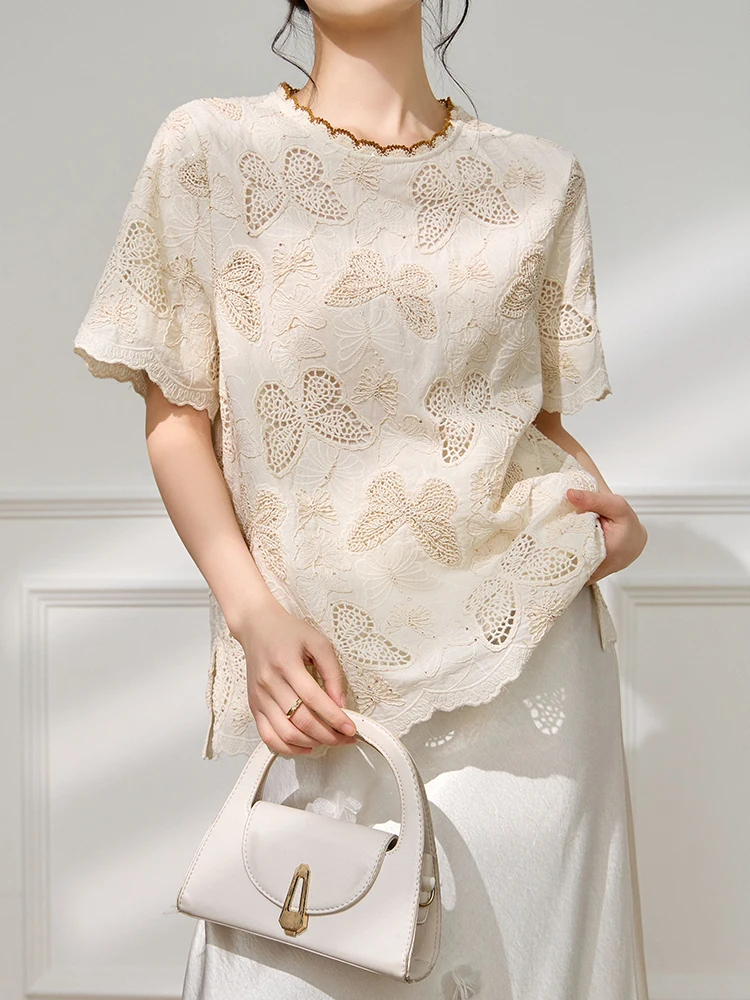 Women Hollow Embroidered Lace Top Short Sleeve Cropped Blouse Floral Butterfly Cutwork Summer Shirt Boho Casual Chic Elegant Tee