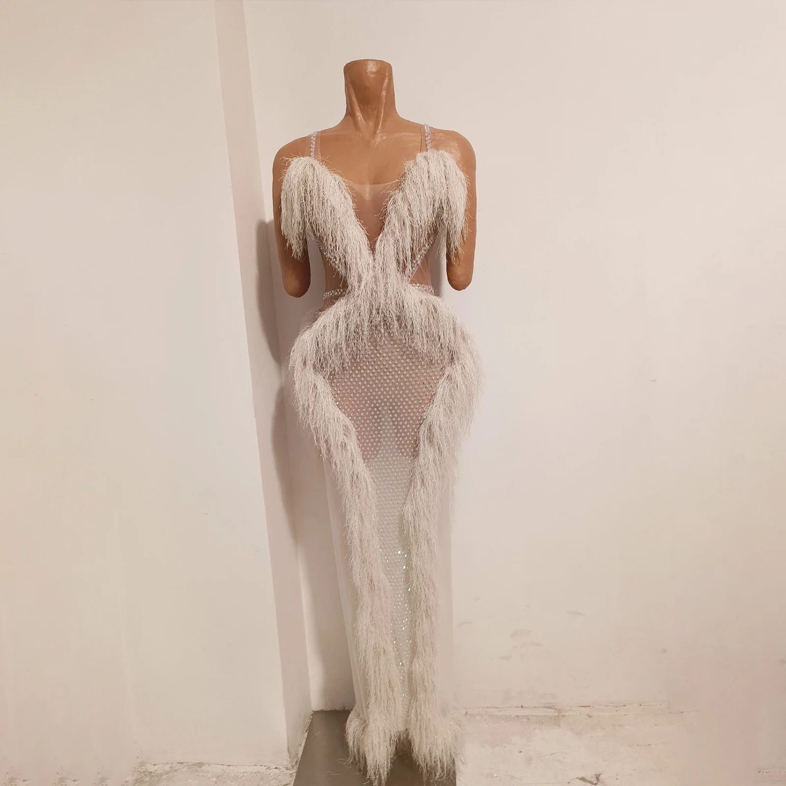 Luxury White Rhinestone Evening Dress Sexy Mesh See Through Prom Gown Singer Stage Performance Birthday Party Long Drag Queen