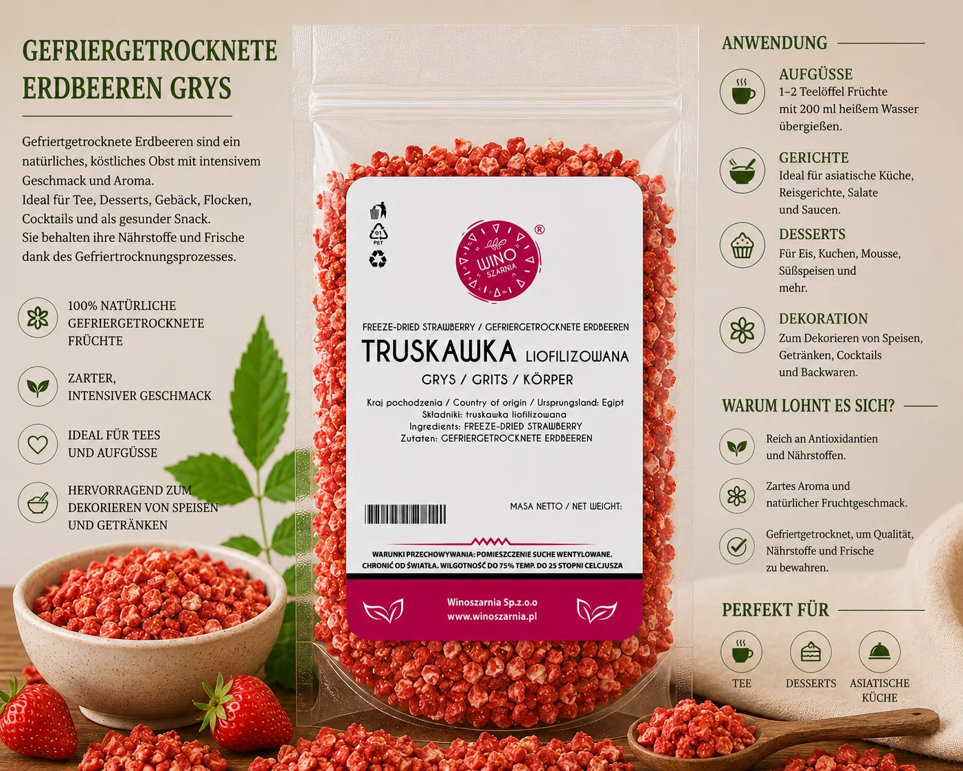 Fotografia 3: Grãos de morango liofilizados, fruta deliciosa 20g