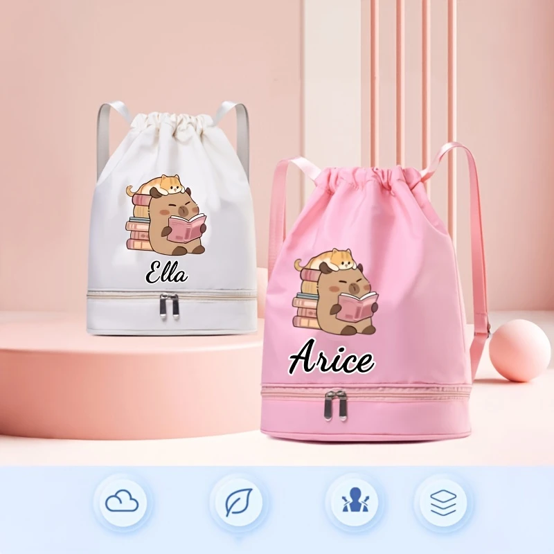 Personalized Capybara‑Print Drawstring Backpack, Custom Name, Lightweight Solid‑Color Bag for Teens School Sports Outings