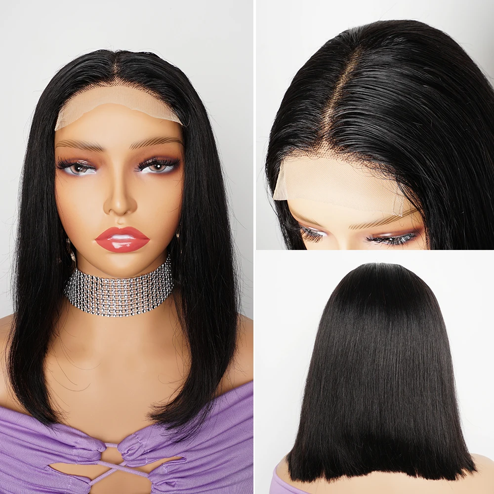 4x1 Short Bob T Part Wig Indian Remy Bone Straight Human Hair Wig For Black Women Pre-Plucked Natural Color 8-14 Inch