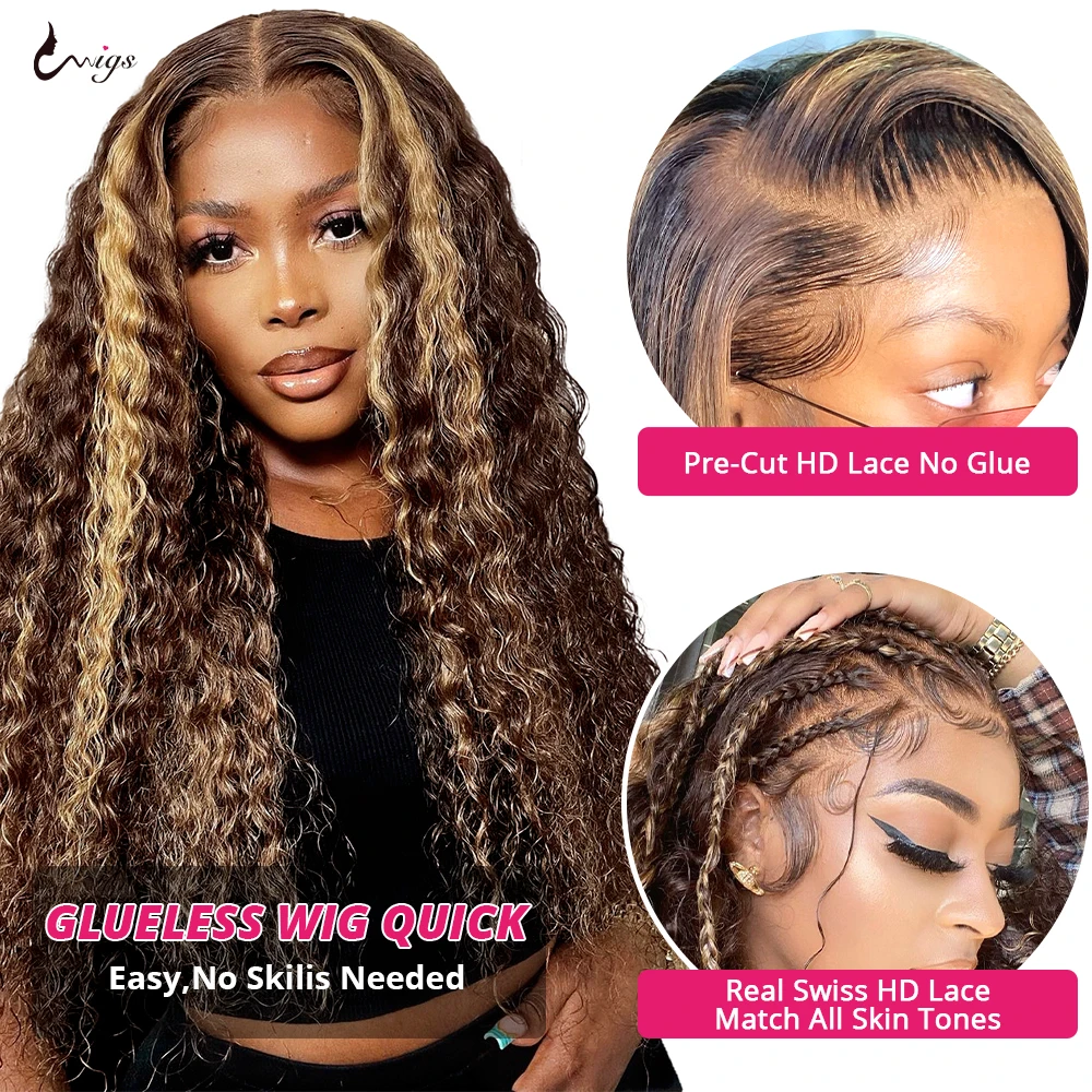 Uwigs Highlight Ready To wear Glueless Human Hair Wigs Pre Cut Curly Human Hair Wig 13x4 Transparent Lace Front Wig For Women