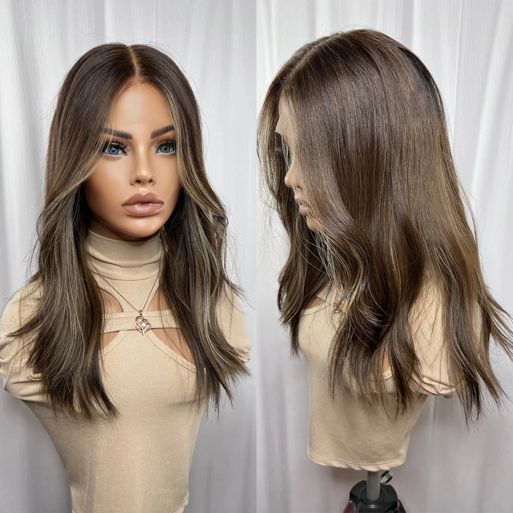 Bruna Balayage Natural Brown Roots parrucca piena del merletto Premium capelli umani brasiliani Cool Brown parrucca anteriore del merletto bionda HD 13 x6 180%