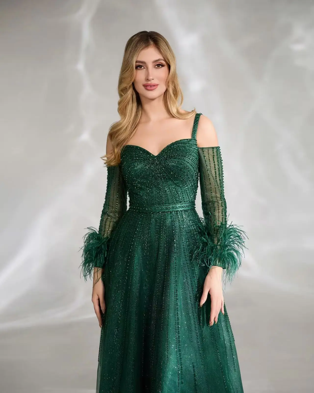 Shalimar Zhang 녹색 이브닝 드레스 긴 소매 패션 숙녀 럭셔리 호스트 드레스 맞춤형