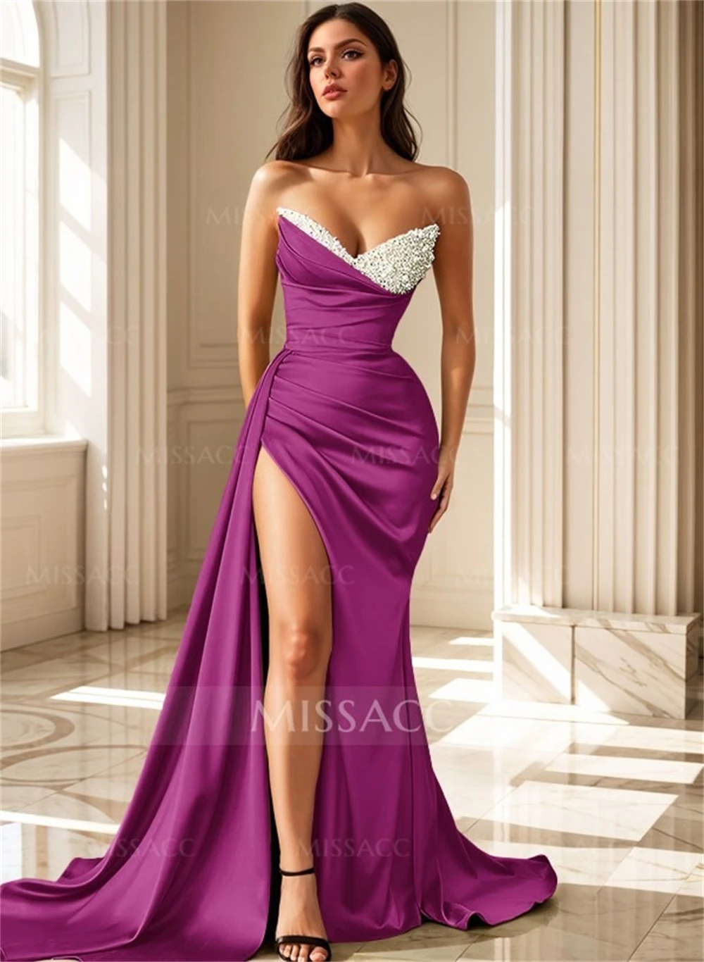 سانسا مخصص حورية البحر الجانب سبليت اللؤلؤ المتدرج كشكش فساتين لحضور الحفلات الموسيقية بلا أكمام Vestidos De Noche طول الأرض مساء رسمي