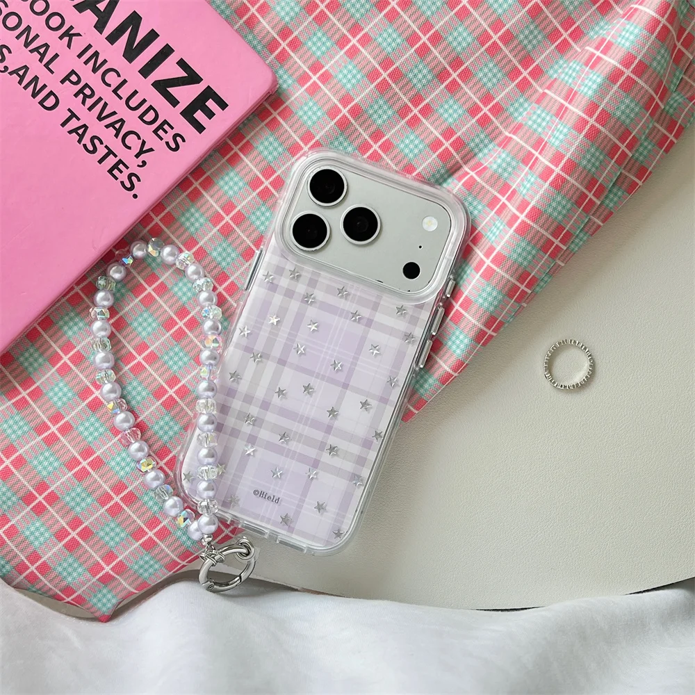

Korean Plaid Star Fashion Phone case for iPhone 16 17 Pro Max 13 14 15 Pro 16 Pro Funda with Pearl Chain Cute Shockproof Cover