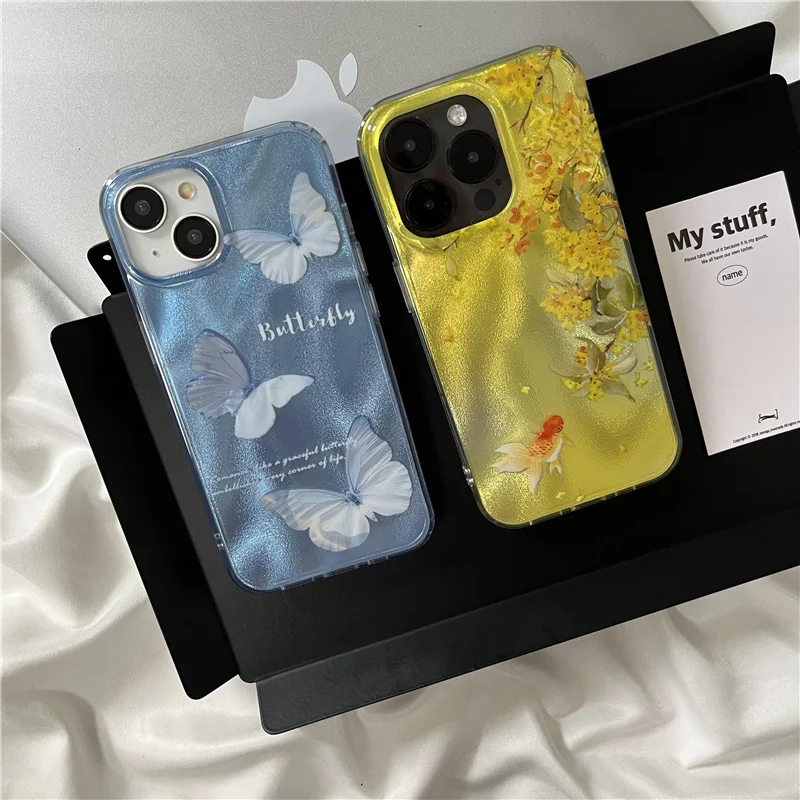 

Japan and South Korea wind flower goldfish butterfly for ihone14 15promax new 12 13Pro all-inclusive anti-fall phone case