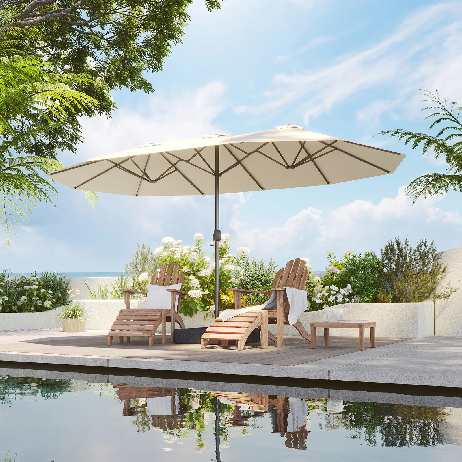 Nordivale 15ft Double-Sided Rectangular Patio Umbrella Beige Crank Handle Vented Canopy Large Outdoor Parasol with Base for Pool Deck Garden