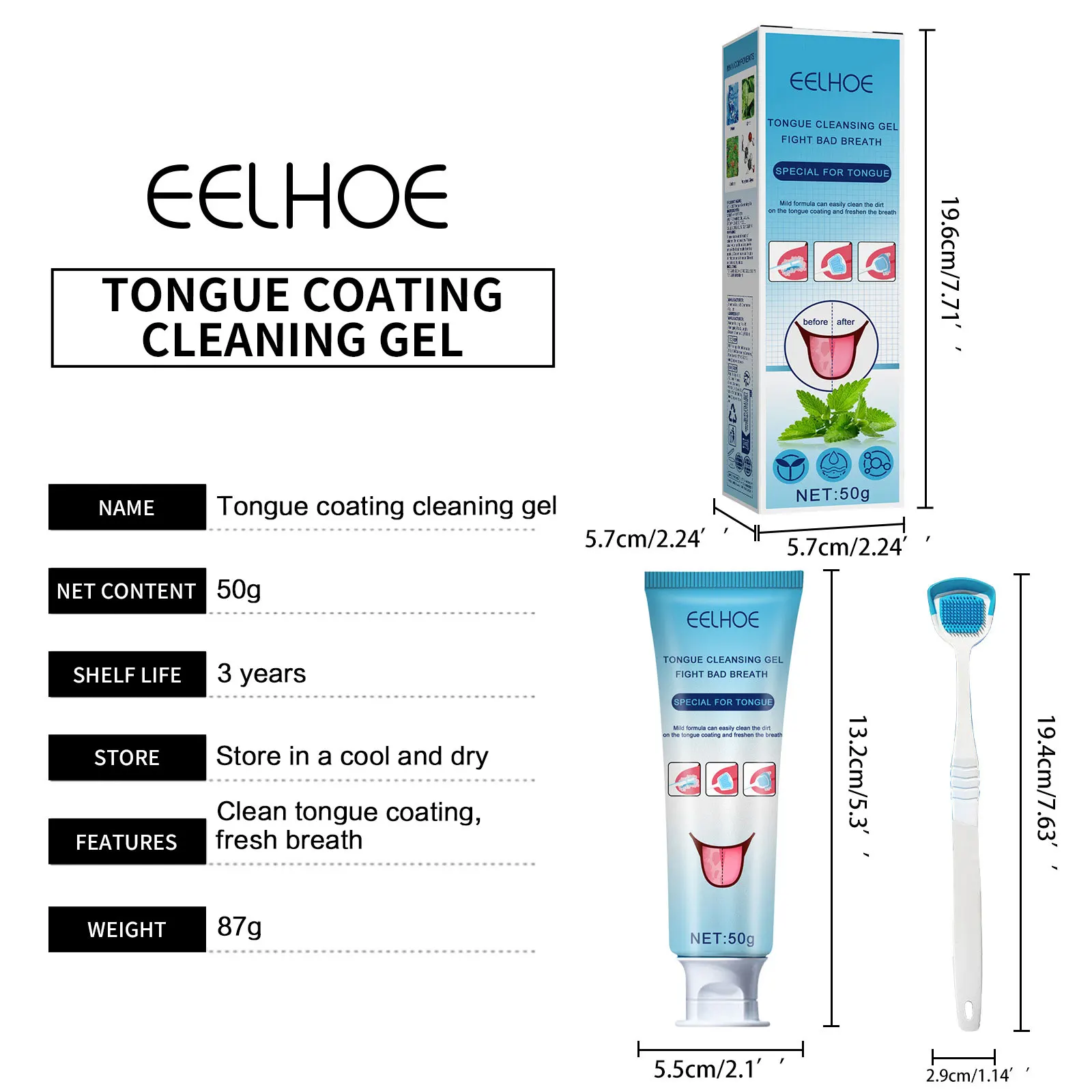 Eelhoe 50g gel de limpeza de língua com escova remoção odor respiração fresca raspador limpo de língua desodorante saúde cuidados orais gel de higiene