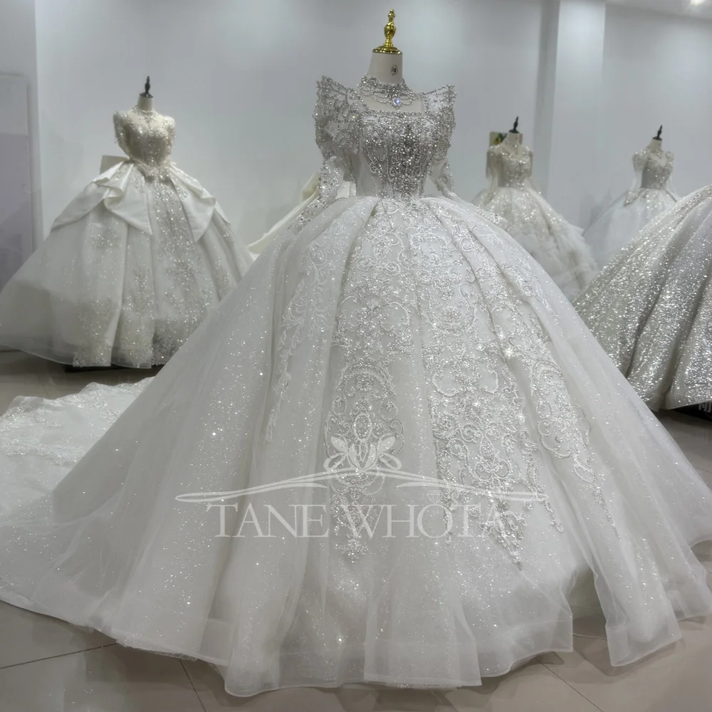 コルセットブライダルドレス ネックレス付き スクエアカラー バックレースアップ 長袖 ビーズボールガウン ウェディングドレス