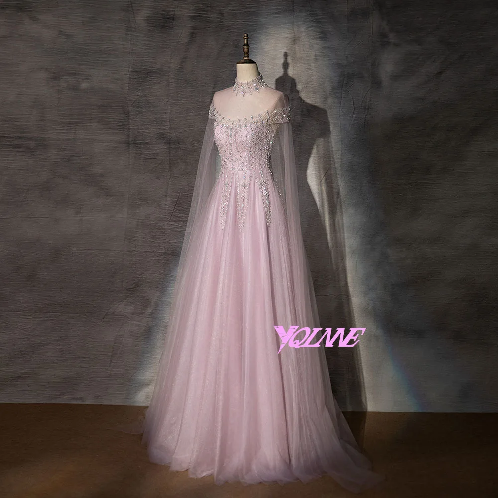 YQLNNE Sparkly Lilac Tulle Crystals Beaded Evening Dresses Cape Sleeves Dubai Formal Party Gowns For Woman