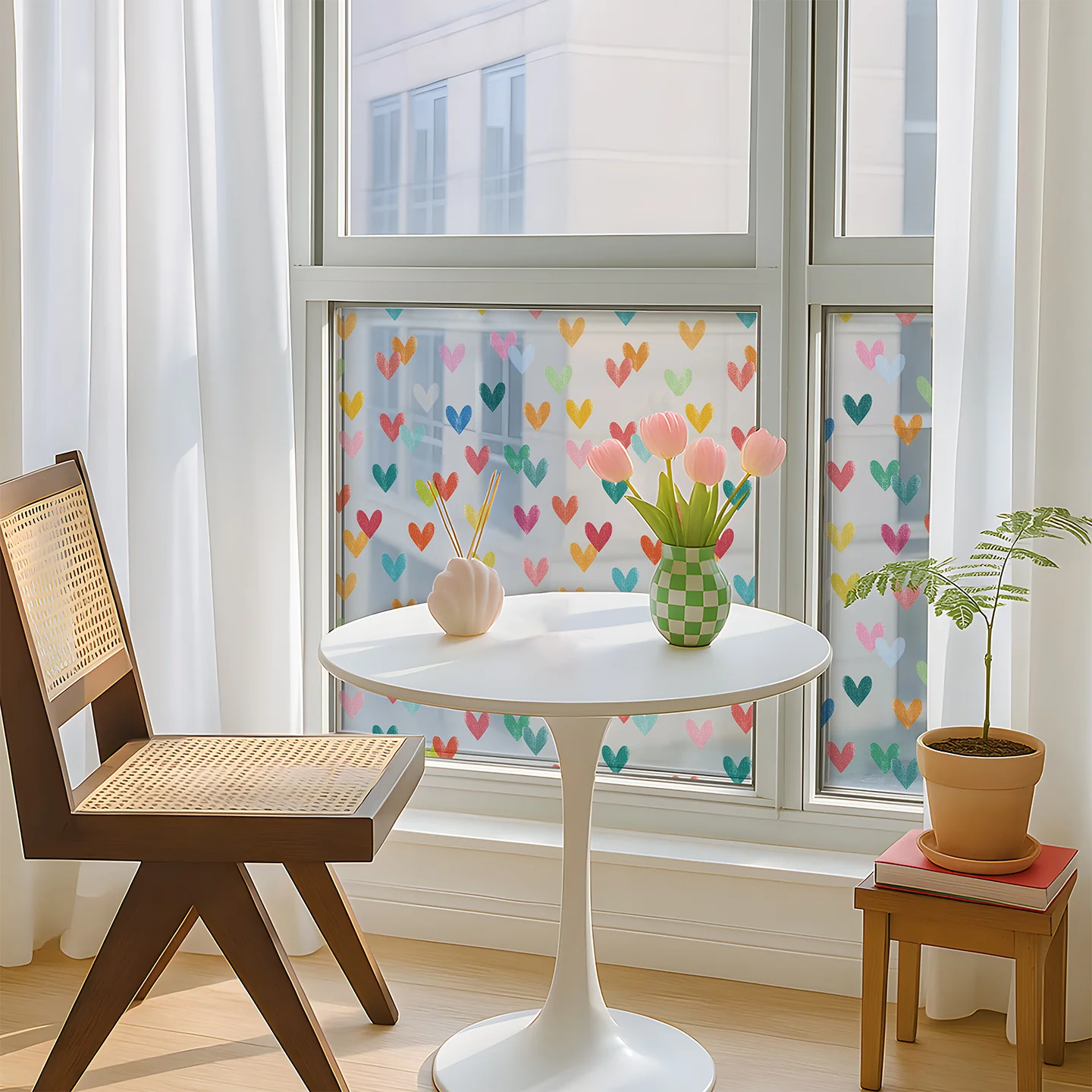 Colorful Dopamine Heart Window Film, Frosted Matte Privacy Glass Not See Through with Transparent Decorative Cling for Bedroom