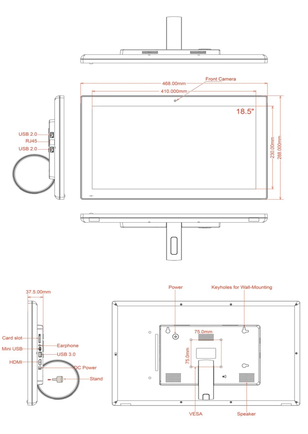 18,5 Zoll Android Touchscreen interaktives Display an der Wand montiert | WLAN, Ethernet, BT, HDMI, No-Stop-Arbeit, Timer ein/aus